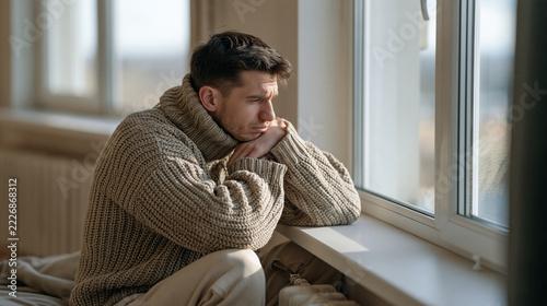 Cold apartment with an inefficient radiator, resident wearing a warm sweater sitting beside a poorly heated window, winter discomfort, inadequate home heating, energy poverty,