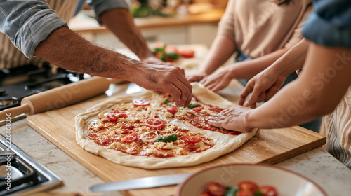 A young couple preparing a homemade pizza together on a snowy evening, rolling dough, spreading tomato sauce and adding fresh toppings, cozy winter cooking, indoor date night,