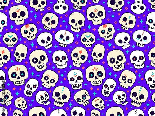 Colorful cartoon skulls pattern with star shapes background design