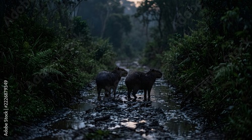 Two water buffaloes standing in a shallow muddy stream surrounded by lush green tropical forest vegetation