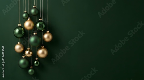 Elegant christmas background with hanging dark green and gold baubles against a deep green wall with copy space