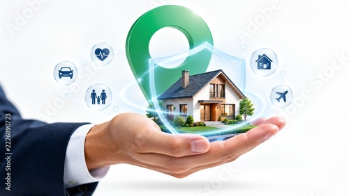 Businessman hand holding miniature house model with glowing protection shield and icons symbolizing secure property insurance and real estate investment