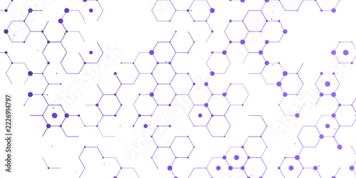 Fotografie Abstract scientific background showcasing a purple hexagonal molecular structure with interconnected nodes, representing chemistry and advanced technology