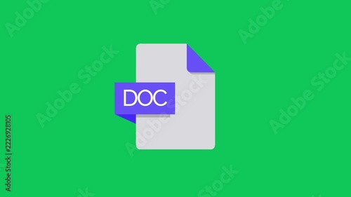 DOC File Format Icon Animation with Digital Document and Image Extension Concept. Green background. 4K resolution