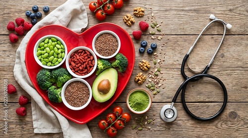 Healthy eating heart shaped plate with fresh foods stethoscope and