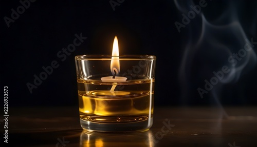 Clear glass oil votive with a floating wick burning softly against a dark slate background