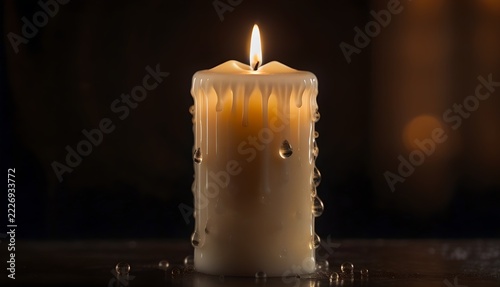 Cream pillar candle with melting wax drips and a bright warm flame in a dark room