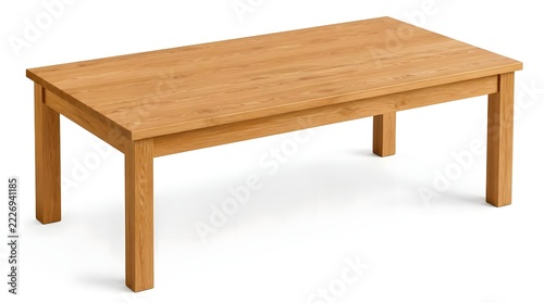 A minimalist rectangular wooden coffee table, natural light oak color, clear wood grain texture, simple straight legs, solid wood construction, modern furniture design, studio lighting