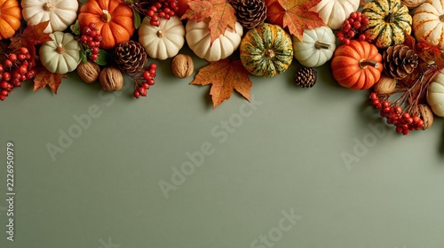 Thanksgiving Fall Flat Lay Border with Colorful Mini Pumpkins, Autumn Leaves and Nuts