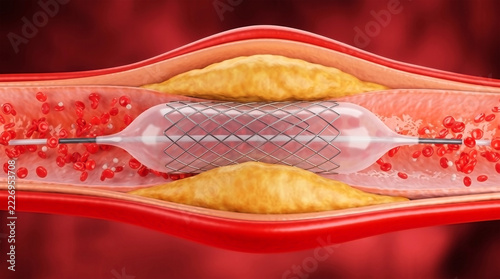 Coronary Artery Stent Angioplasty Procedure 3D Illustration showing Plaque Removal in Heart Vessel for Medical Education and Cardiology Ads.
