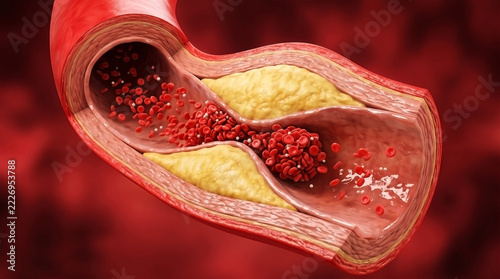 Medical 3D Illustration of Atherosclerosis Cholesterol Plaque Buildup in Human Artery with Blood Clot for Cardiovascular Health Education.