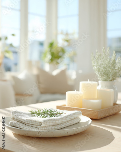 Cozy scandinavian living room vignette with folded cloth, pillar candles, and pine twig on a wooden table