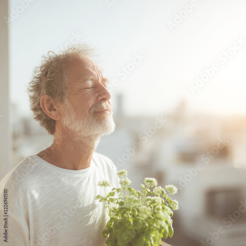 Senior man holding a potted green plant on a sunlit balcony with eyes closed