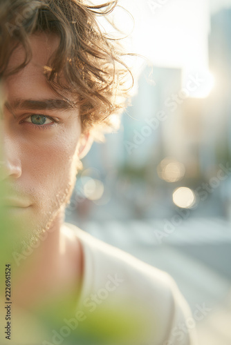 Close-up portrait of a young man with curly hair on a sunlit city street