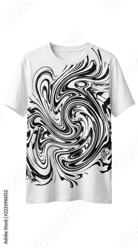 White t-shirt with black abstract liquid marble swirl design, isolated on a clean white background.