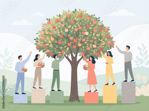 Diverse colleagues harvesting fresh fruit from a tree in a sunny orchard