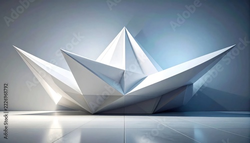 Abstract white geometric crown sculpture in a minimalist room