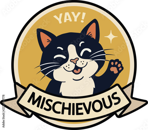 Mischievous Tuxedo Cat Cartoon Sticker Badge Vector Illustration with Yay Text