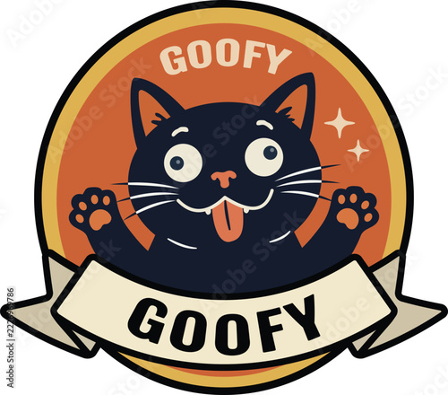 Goofy Black Cat Cartoon Sticker Badge Vector Illustration with Goofy Text