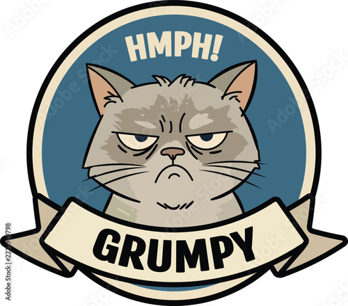 Grumpy Grey Cat Cartoon Sticker Badge Vector Illustration with Hmph Text