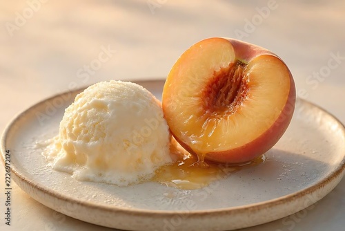 Ripe Peach with Melting Vanilla Ice Cream on a Ceramic Plate