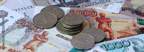 Fotografie Russian rubles old money banknotes and coins on table