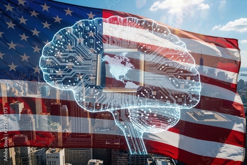 Double exposure of digital human brain hologram on American flag, New York city skyline. Cybernetic neural network with microchip, US map represents artificial intelligence, machine learning, future