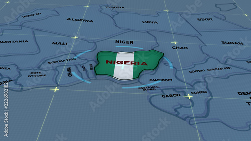 Obraz na plátně A stylized 3D map of Nigeria highlighted with the Nigerian flag, Nigeria map, Af
