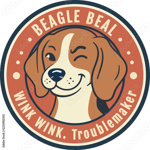 Cute Winking Beagle Dog Cartoon Sticker Badge Vector Illustration with Wink Wink Troublemaker Text