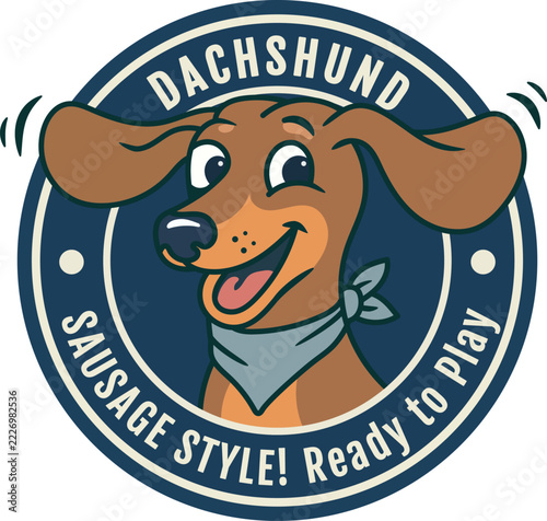 Cute Dachshund Sausage Dog Cartoon Sticker Badge Vector Illustration with Sausage Style Ready to Play Text