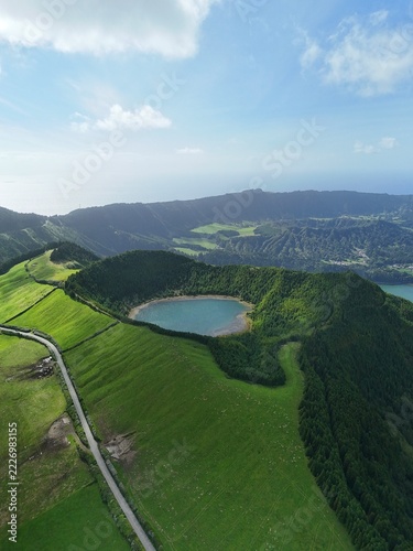 Aerial view of Lagoa Rasa crater lake in Sete Cidades, Sao Miguel Island, Azores, Portugal