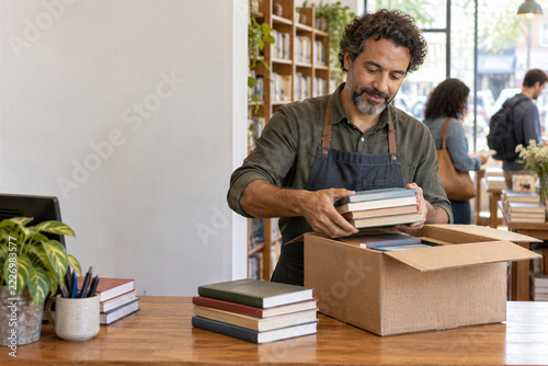 Middle aged hispanic bookseller in apron packing books to cardboard box at desk of bright bookstore, customers browsing