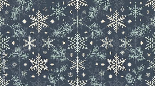 Seamless pattern featuring white snowflakes and pine branches on a dark blue winter background with snowflakes stylized evergreen repeating surface design