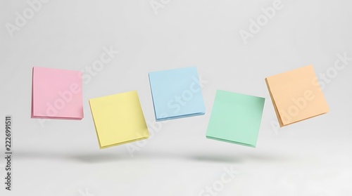 Office organization with five colorful sticky notes floating against