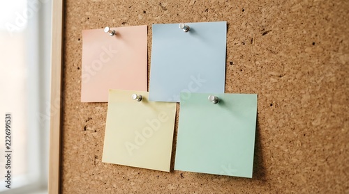 Office organization with colorful sticky notes metal pins and