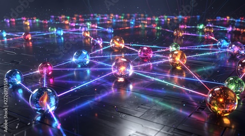 Complex node structure featuring illuminated crystal spheres.