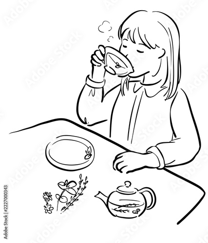 ハーブティーを飲む若い女性のイラスト　1色