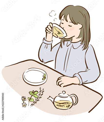 ハーブティーを飲む若い女性のイラスト