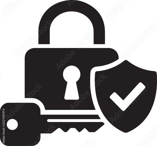 A black vector icon depicting data protection and cybersecurity featuring a padlock key and a solid shield with a verified checkmark symbol.