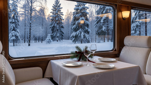 Dining table set for a festive meal inside a train with snowy forest view. Winter rail travel and scenic journey. Christmas holiday dining and seasonal escape. Cozy luxury travel