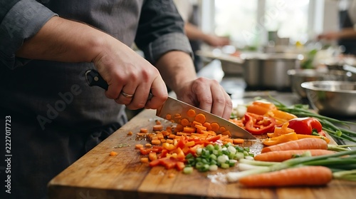 A person's hands expertly chopping fresh carrots, bell peppers, and green onions on a wooden cutting board in a brightly lit kitchen.