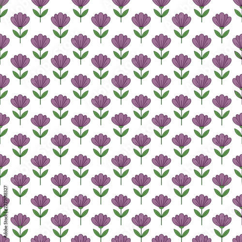 Purple botanical pattern featuring blooming purple flowers and green stems arranged on a clean white background