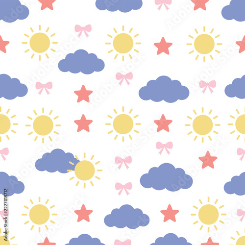 Seamless pattern design featuring cute blue clouds and yellow suns and pink stars and bows on white background