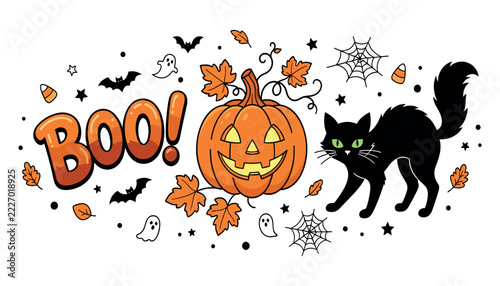 Fotografie Halloween scary pumpkin black cat element set