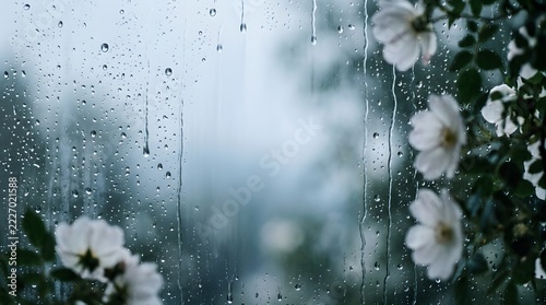 Soft white flowers and raindrops on glass with blurred natural background