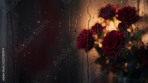 Romantic red roses behind a rain covered window with moody blurred lights