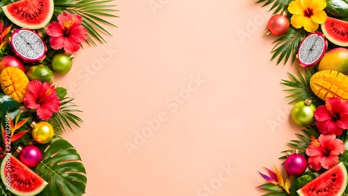 Colorful tropical fruit and hibiscus flower border on a soft peach background