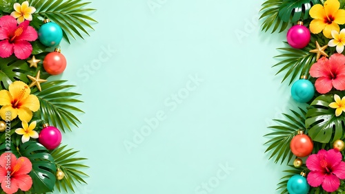 Tropical hibiscus flowers and green palm leaves framing a soft mint background