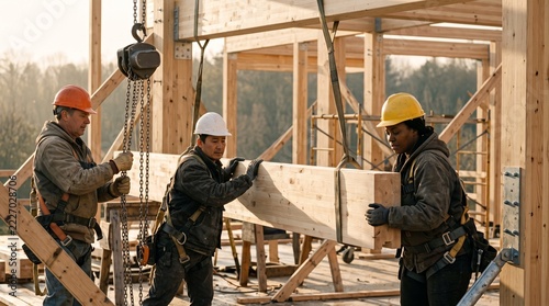 Crew guides a glulam beam into an open timber frame