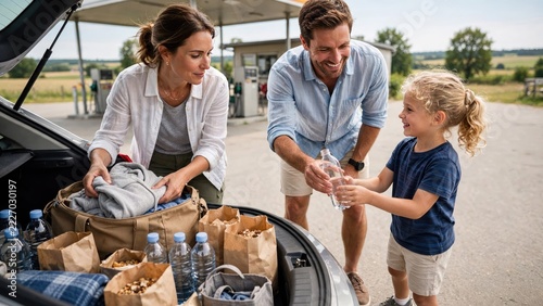 Family loading reusable bags and water bottles into car at rural gas station